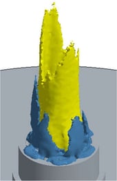 NO 생성 속도 = 0.05 kg/m³·sec (노란색) 및 NO 소멸 속도 = 0.05 kg/m³·sec (파란색)의 등표면.