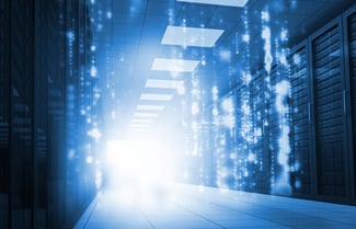 Glowing blue matrix falling in data center Glowing blue matrix falling in data center